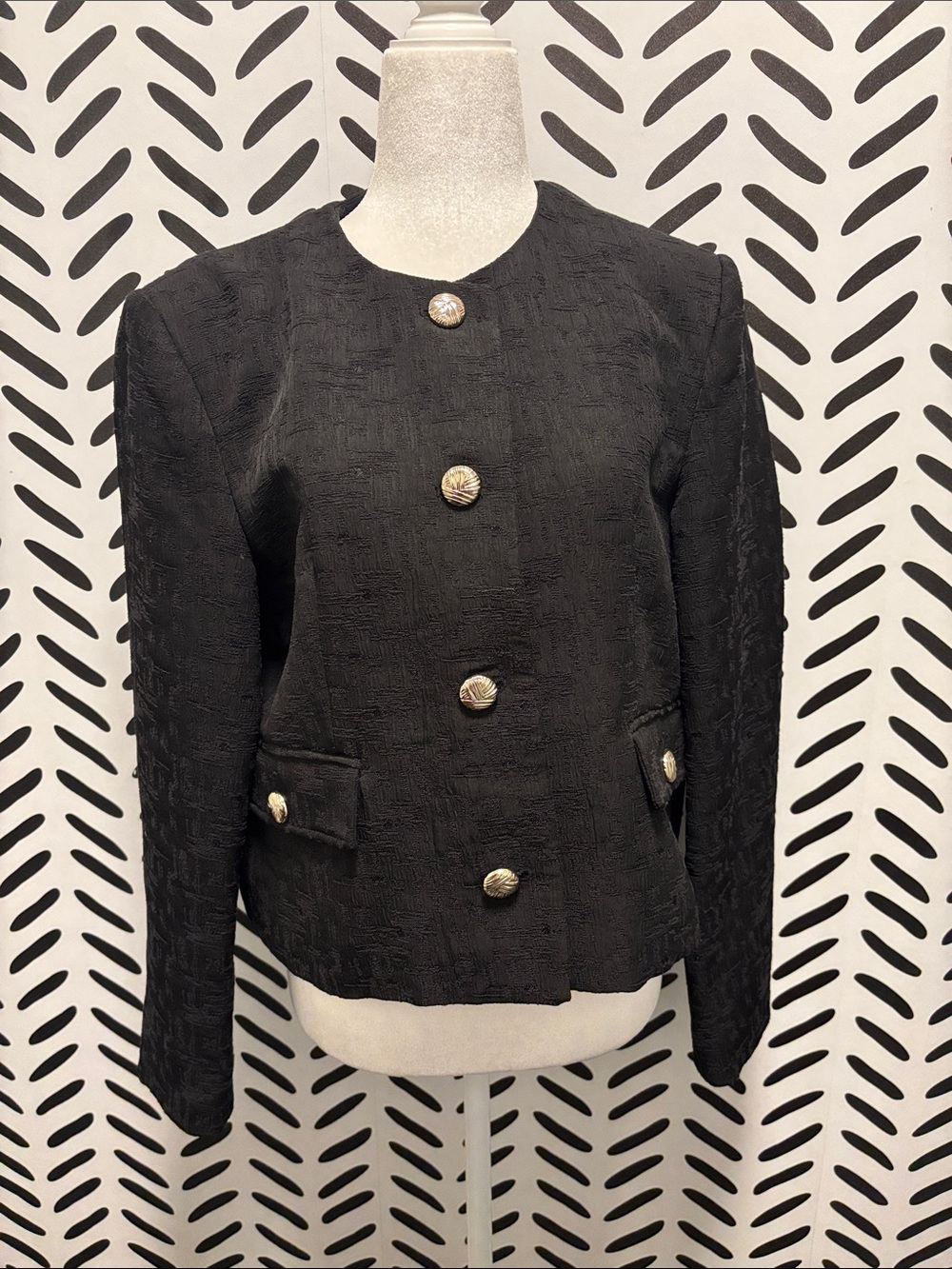 Women's Black Textured Button Jacket - Classic Elegant Style